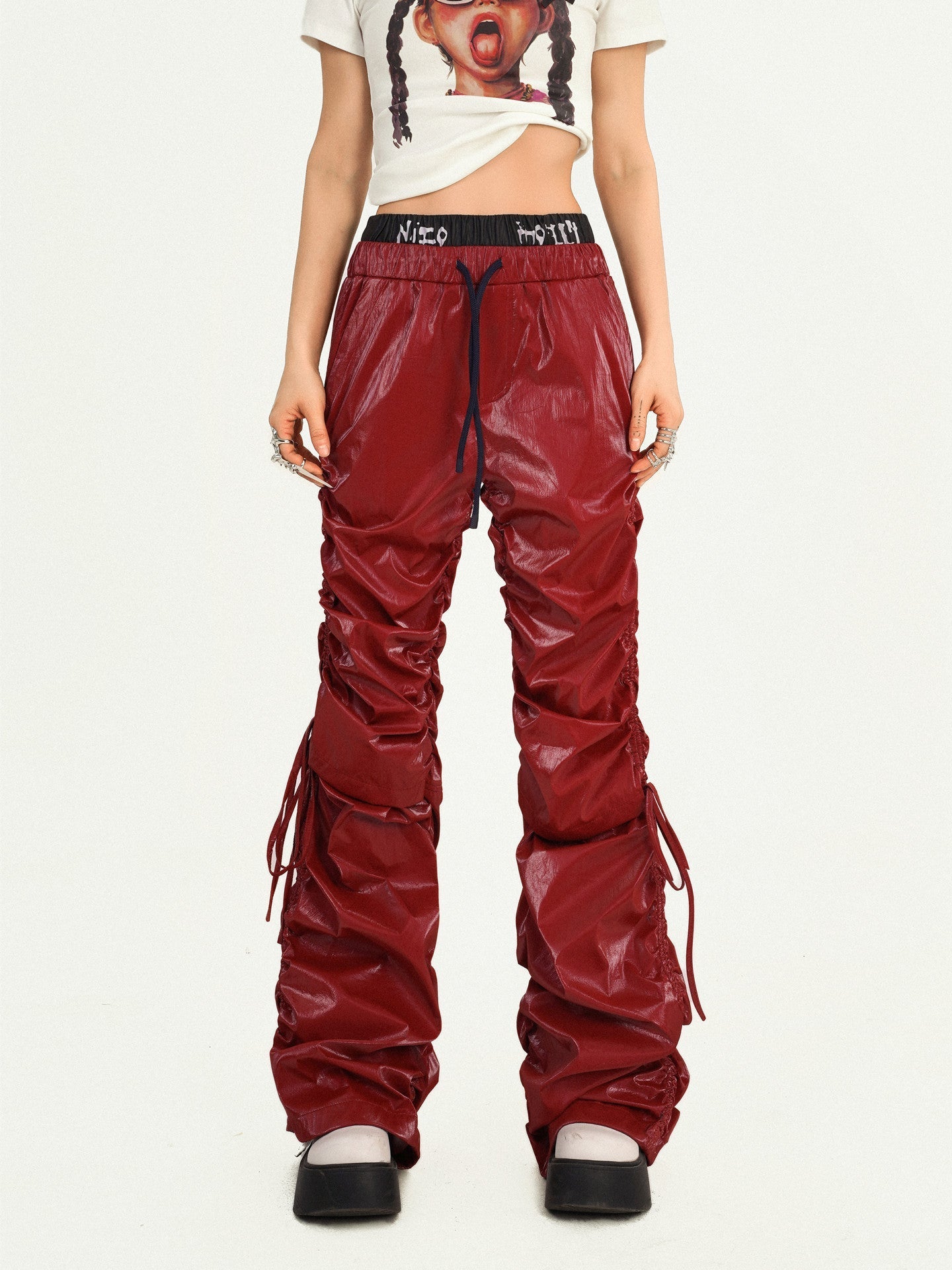 Tie Cord Pleats Double Waist Pants