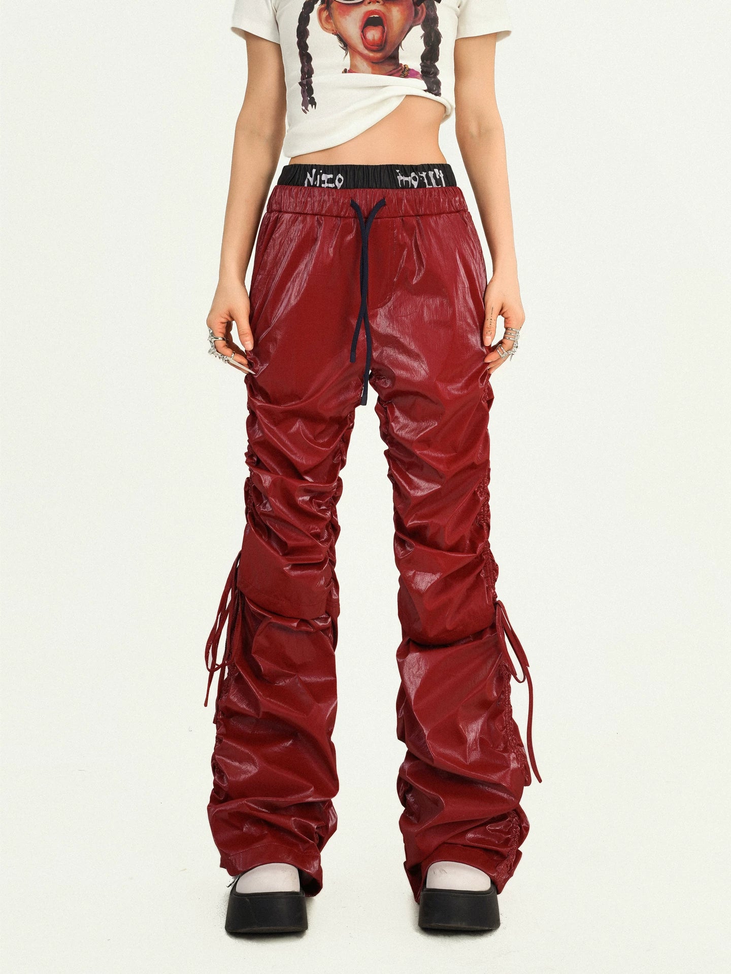 Tie Cord Pleats Double Waist Pants