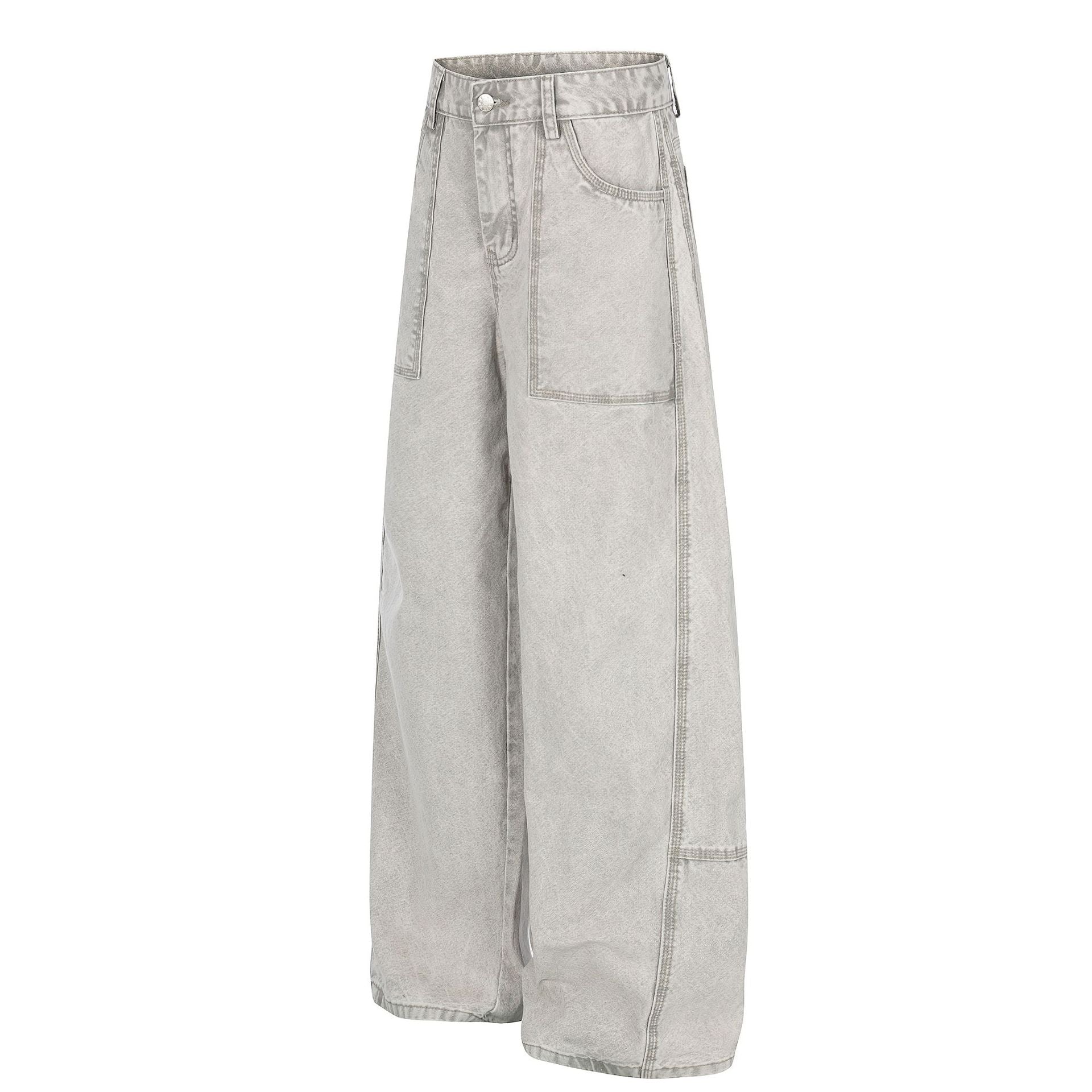 Patch Pocket Washed Wide Leg Denim Jeans