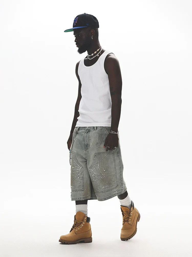 Spider Embroidery Washed Cropped Pants