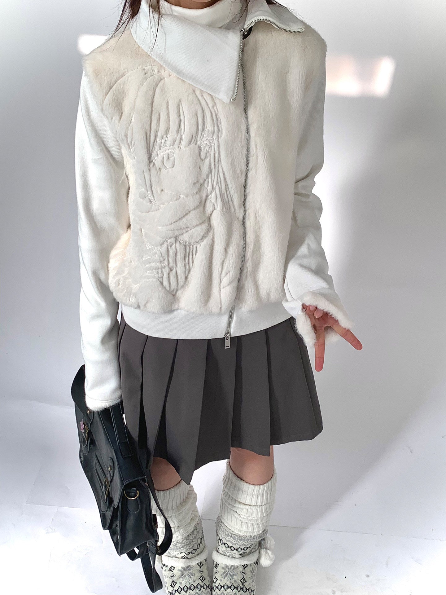 Fleece Embroidery Asymmetrical Zipper Jacket