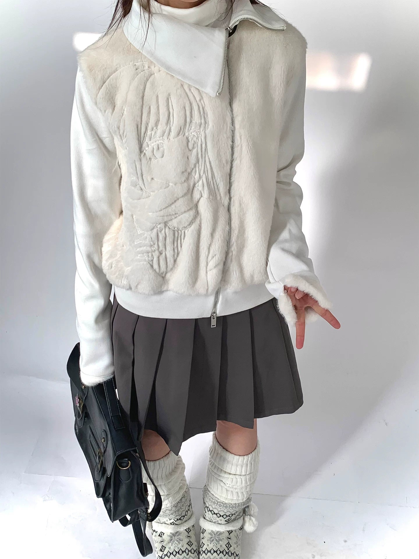 Fleece Embroidery Asymmetrical Zipper Jacket