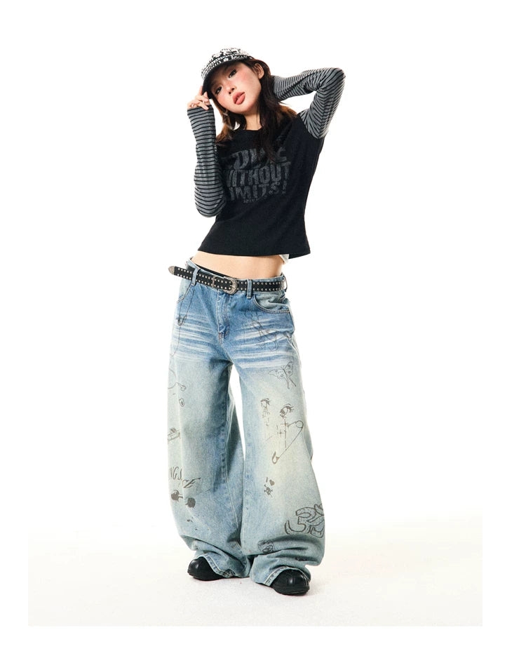 Washed Graffiti Print Wide Leg Denim Jeans