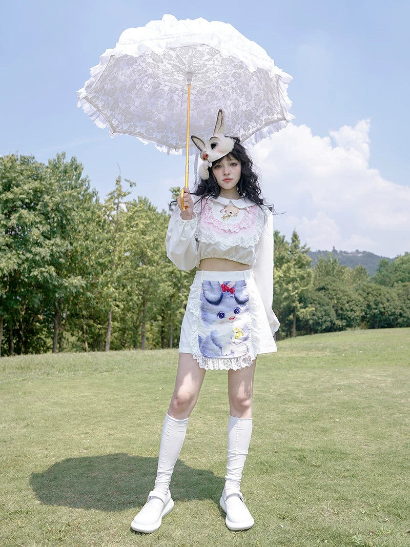 Graphic Print Lace Ruffle Skirt