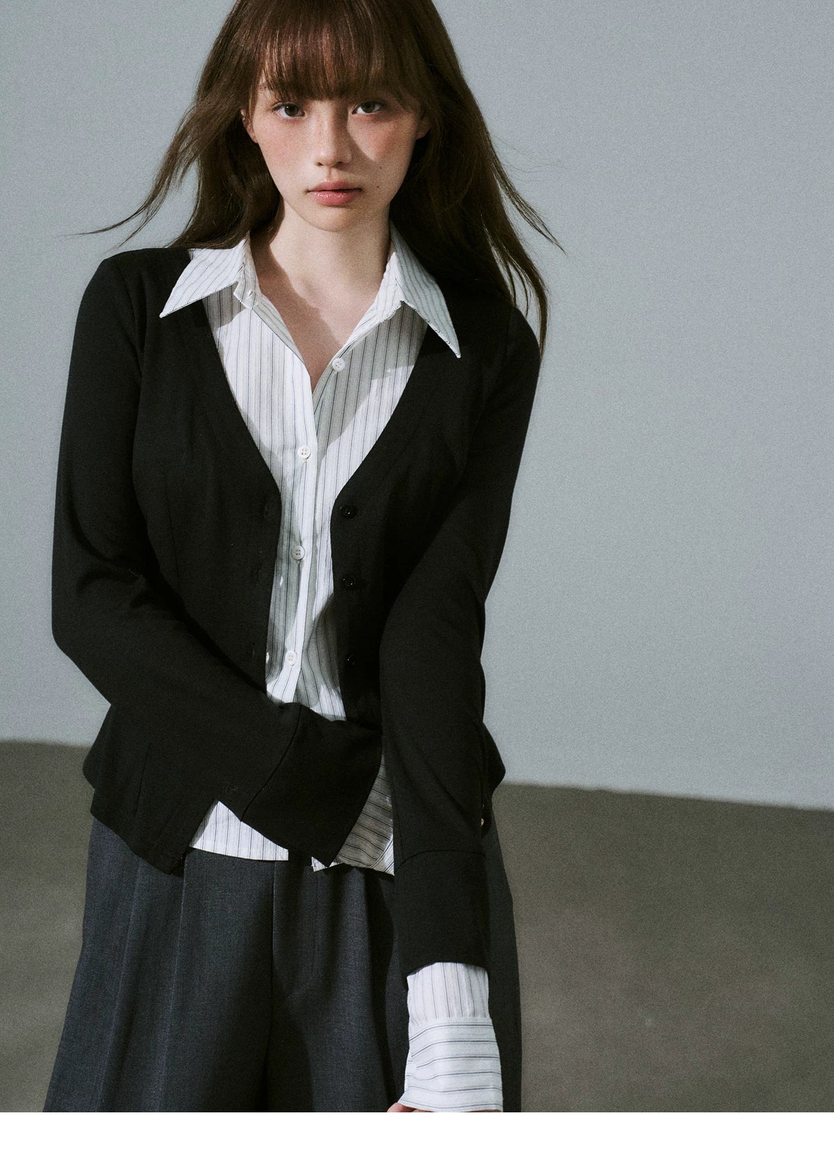 Layered Lyocell Wool Stripe Office Commuter Kinit Cardigan