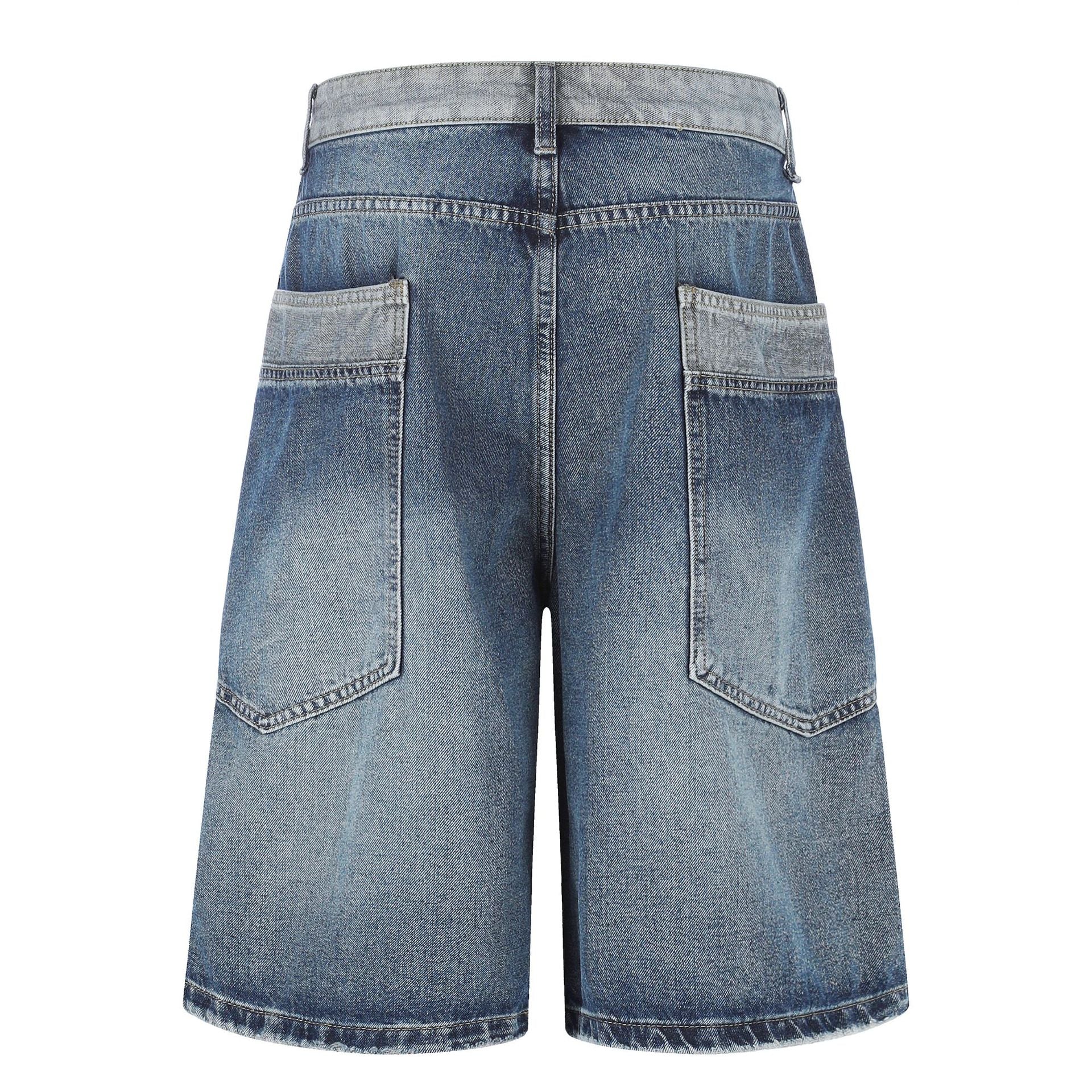 Color Block Washed Wide Leg Denim Jort