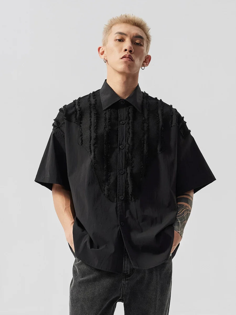Deconstructed Raw Edge Patchwork Short Sleeve Shirt