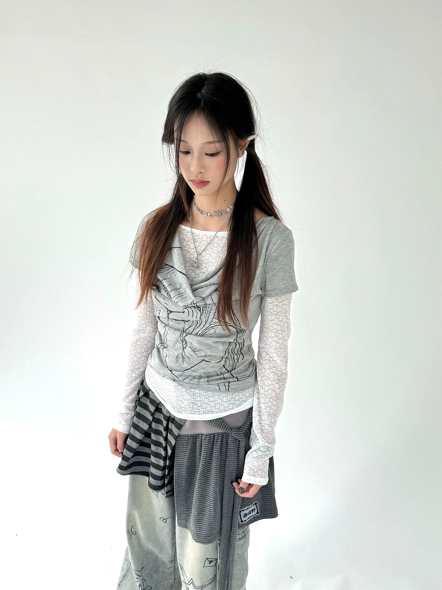 Fake Layered Draped Print Long Sleeve T-Shirt