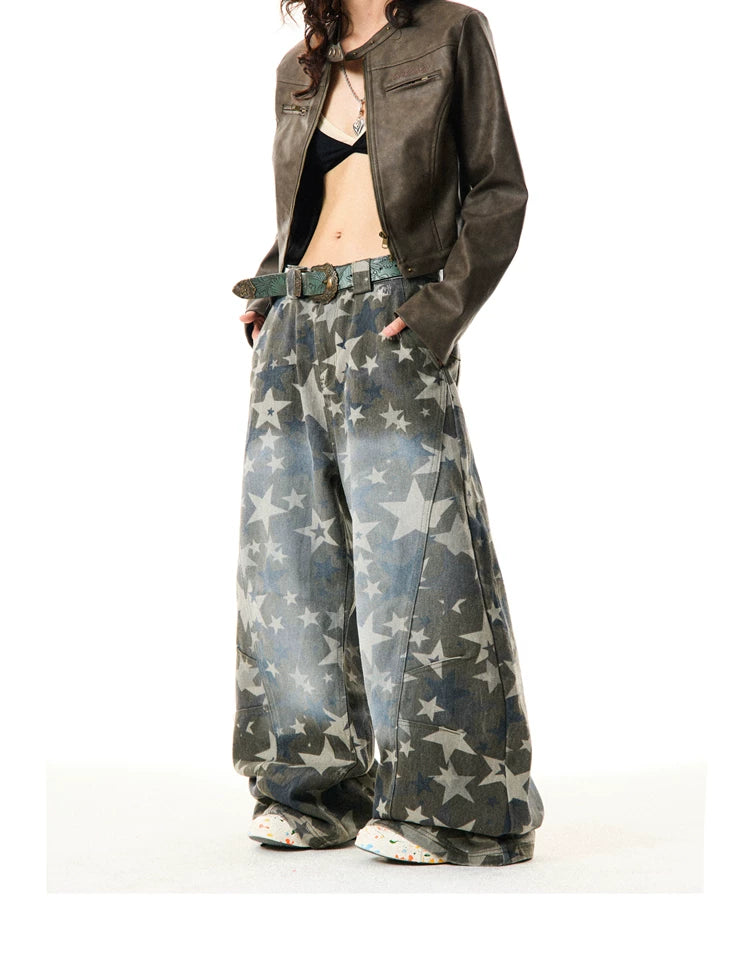 Star Print Damage Wide Leg Denim Jeans