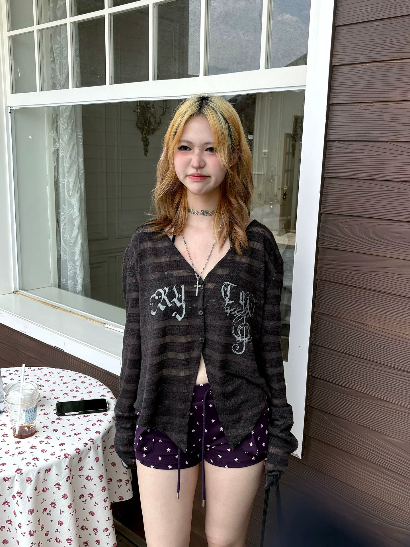 Striped Note Print Star Print Cardigan