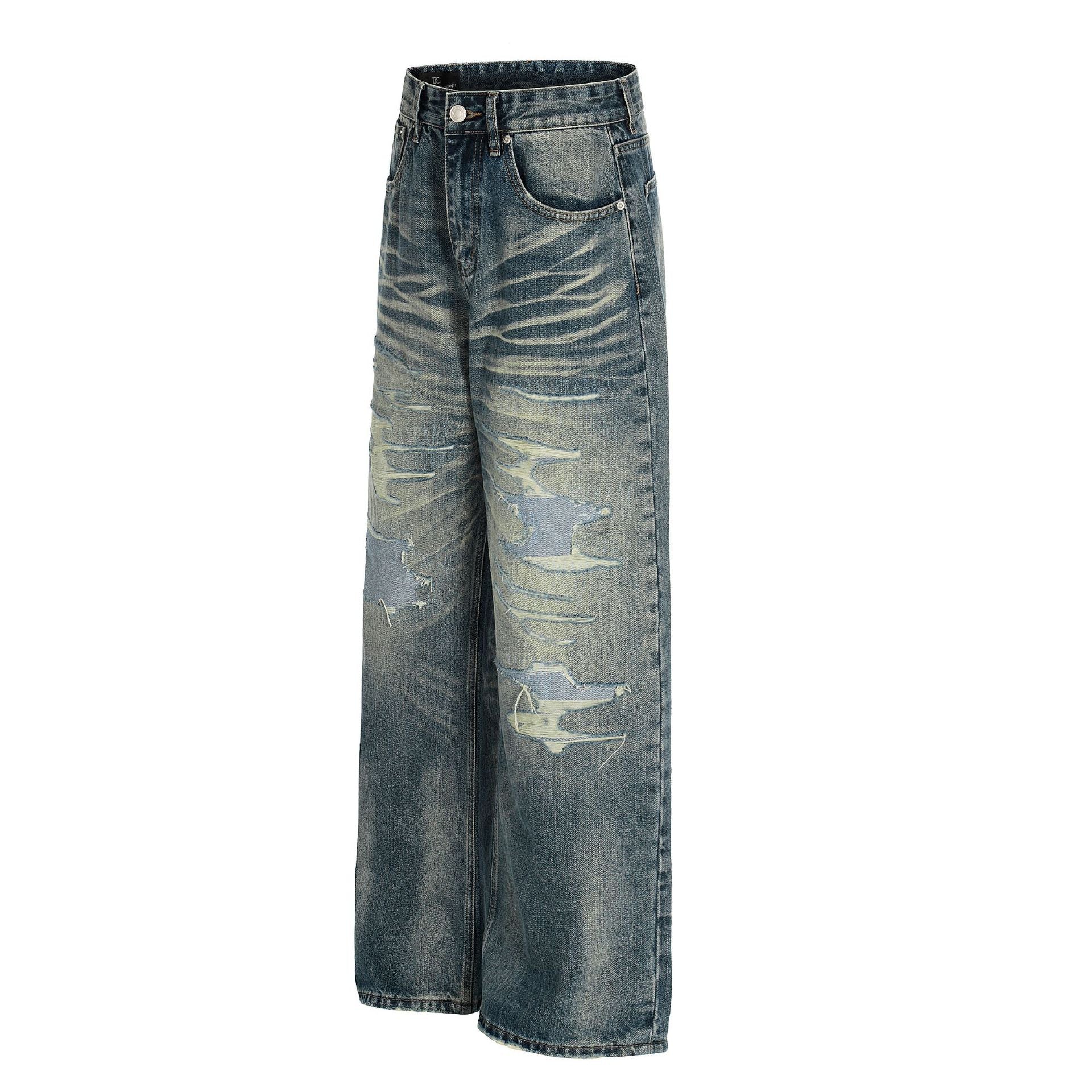 Whisker Damage Wide Leg Denim Jeans