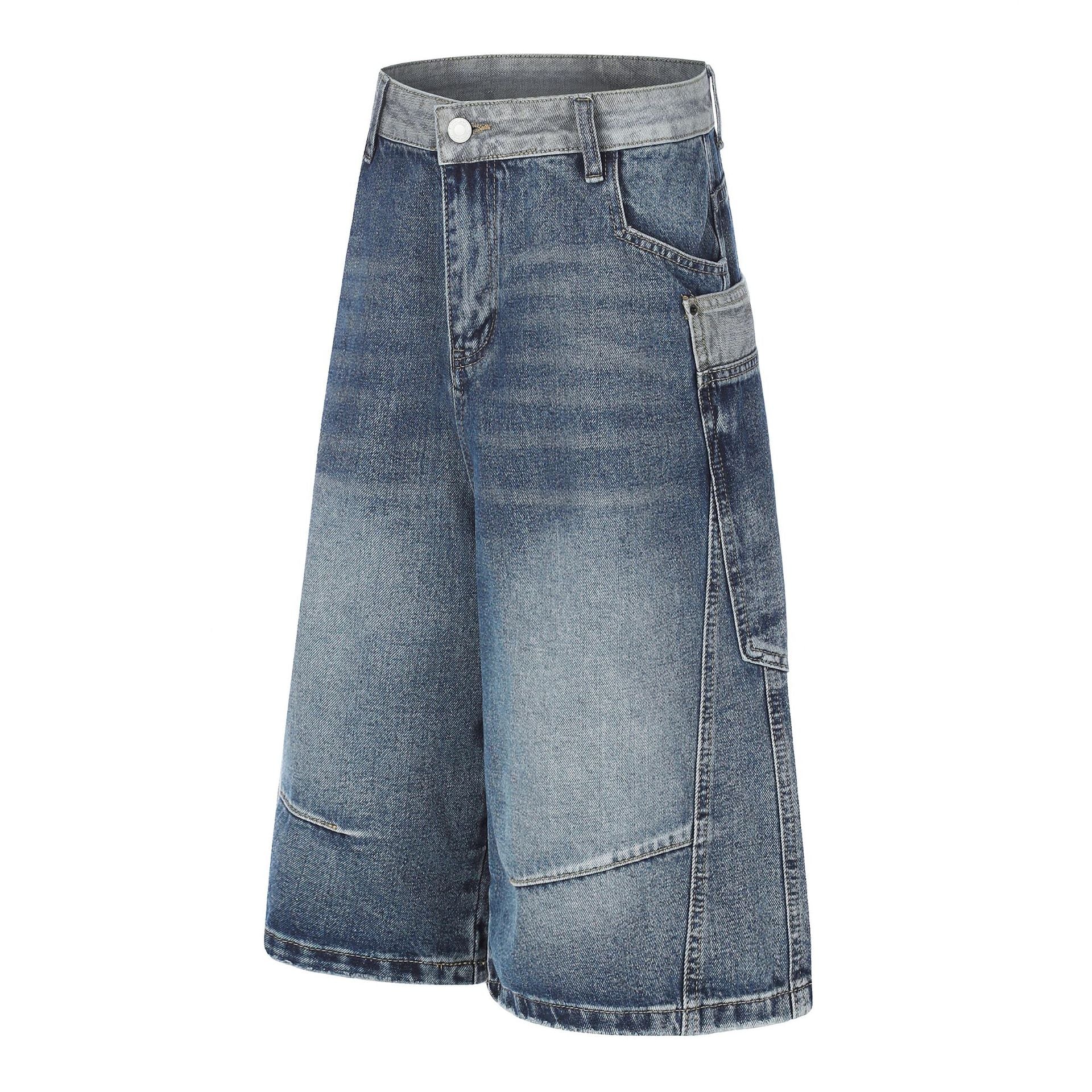 Color Block Washed Wide Leg Denim Jort