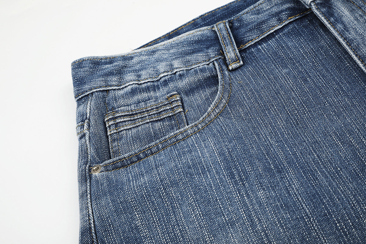 Embroidery Bead Wide Leg Short Denim Pants