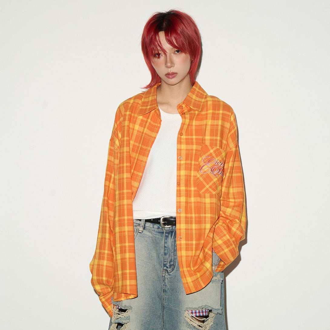 Plaid Embroidery Print Oversize Long Sleeve Shirt
