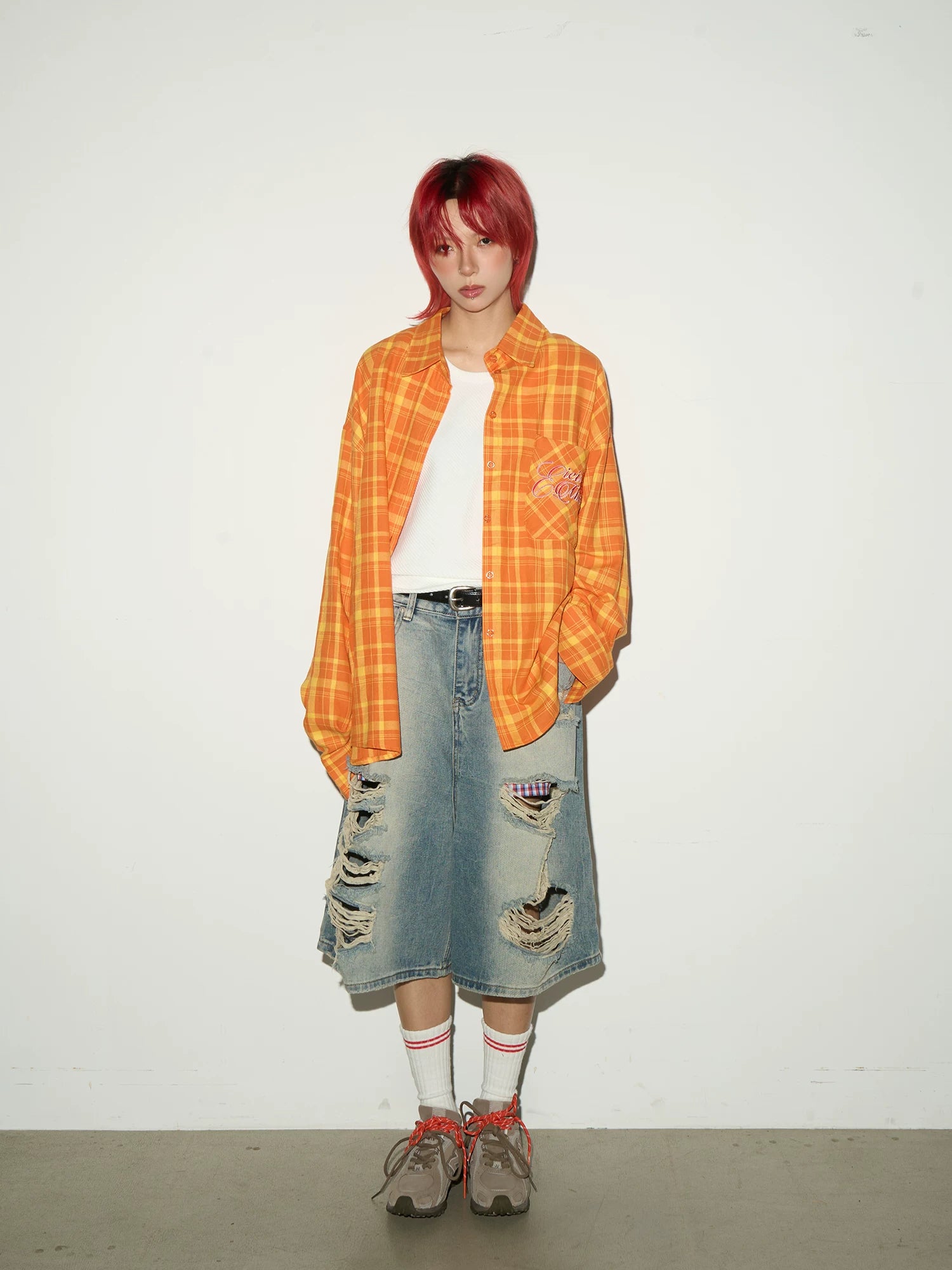Plaid Embroidery Print Oversize Long Sleeve Shirt