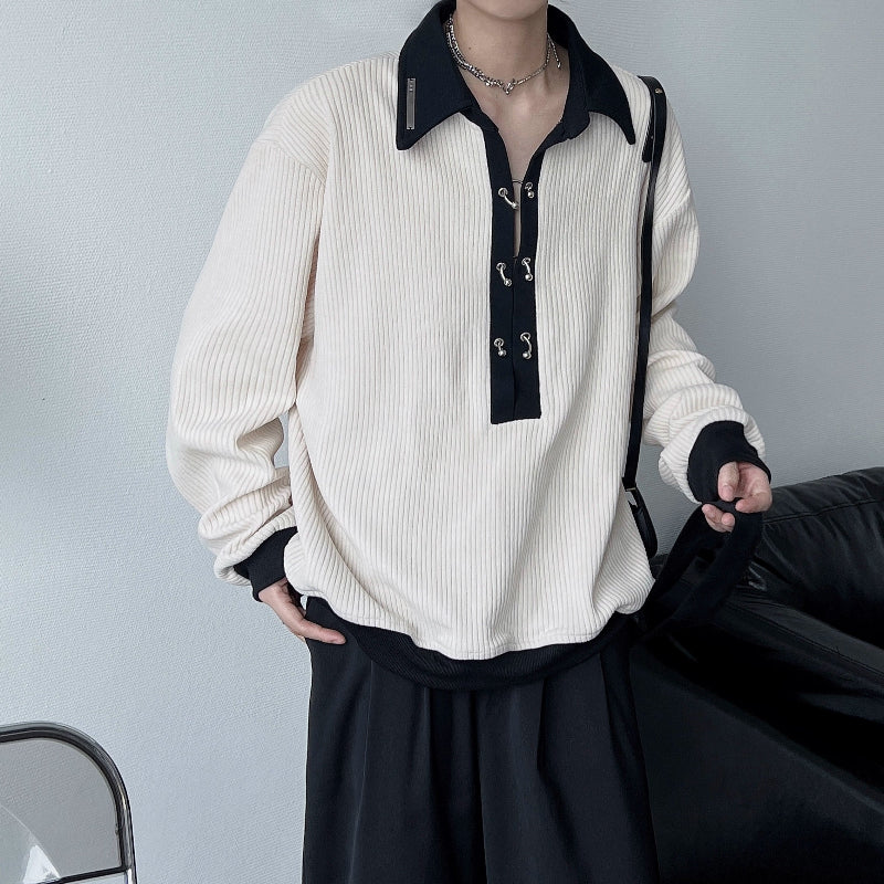 Metal Button Long Sleeve Polo Shirt