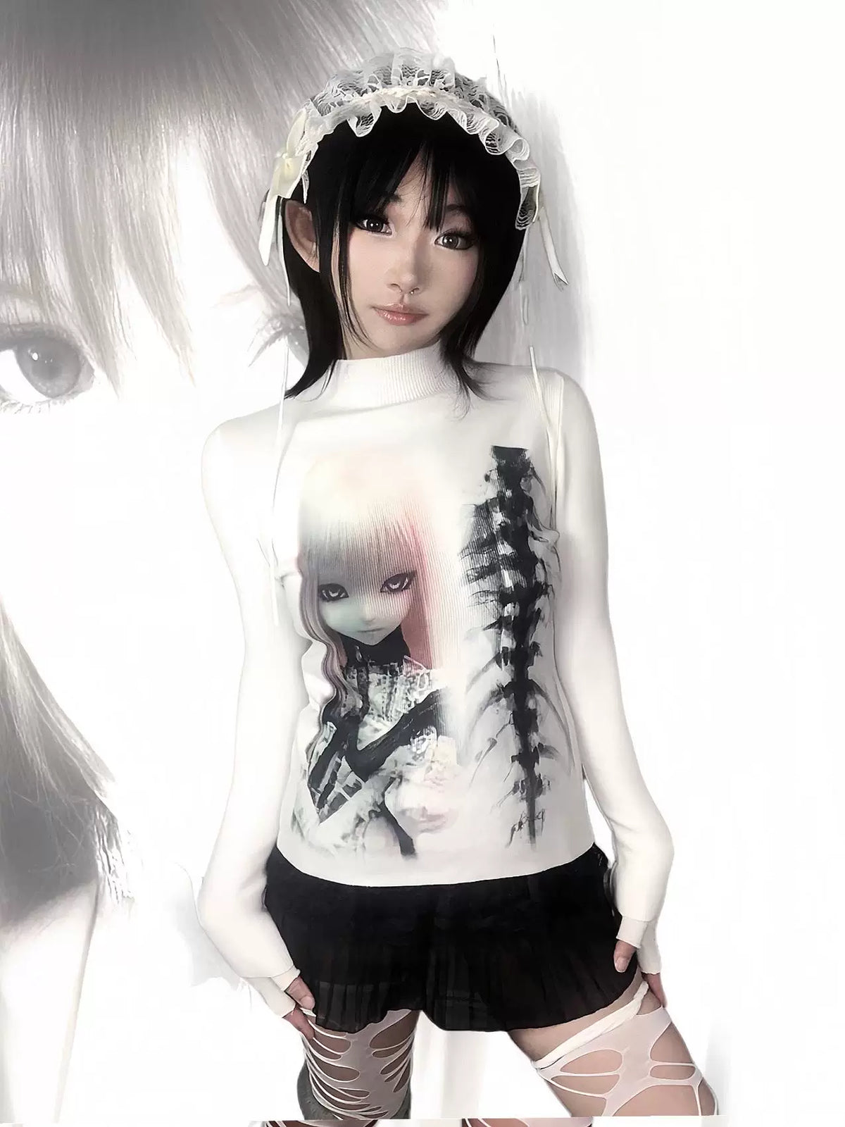 3D Doll Design High-Neck Knit Sweater