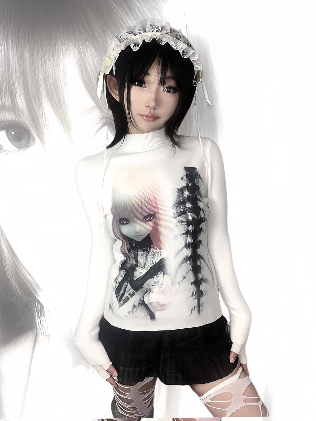 3D Doll Design High-Neck Knit Sweater