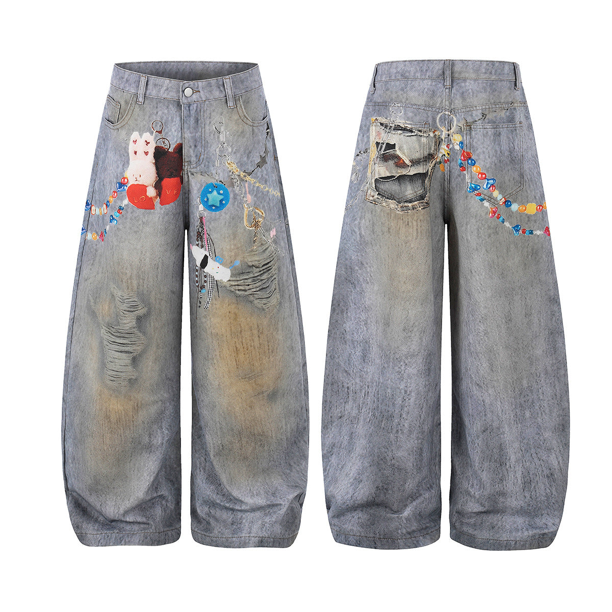 Washed Damage Embroidery Wide Leg Denim Jeans