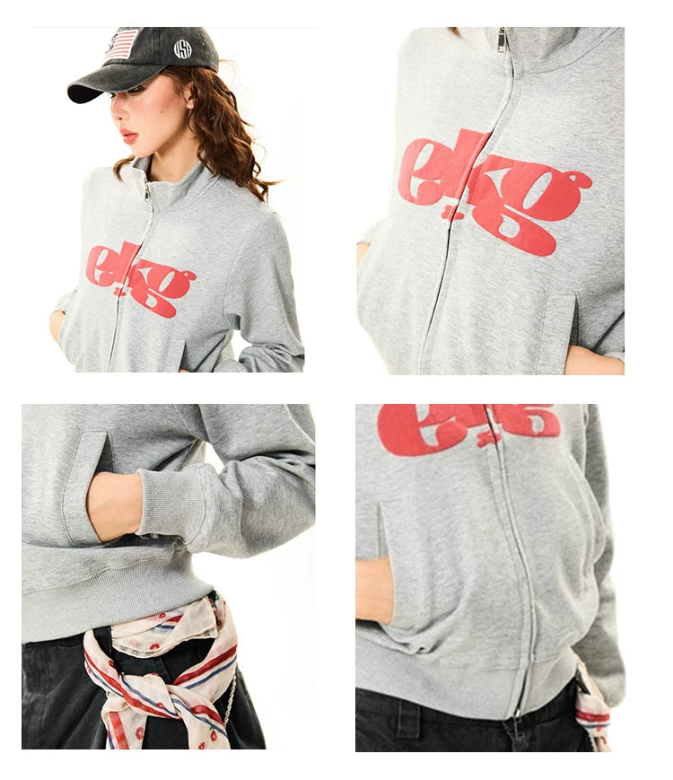 Letter Print Fitted Zipper Hoodie
