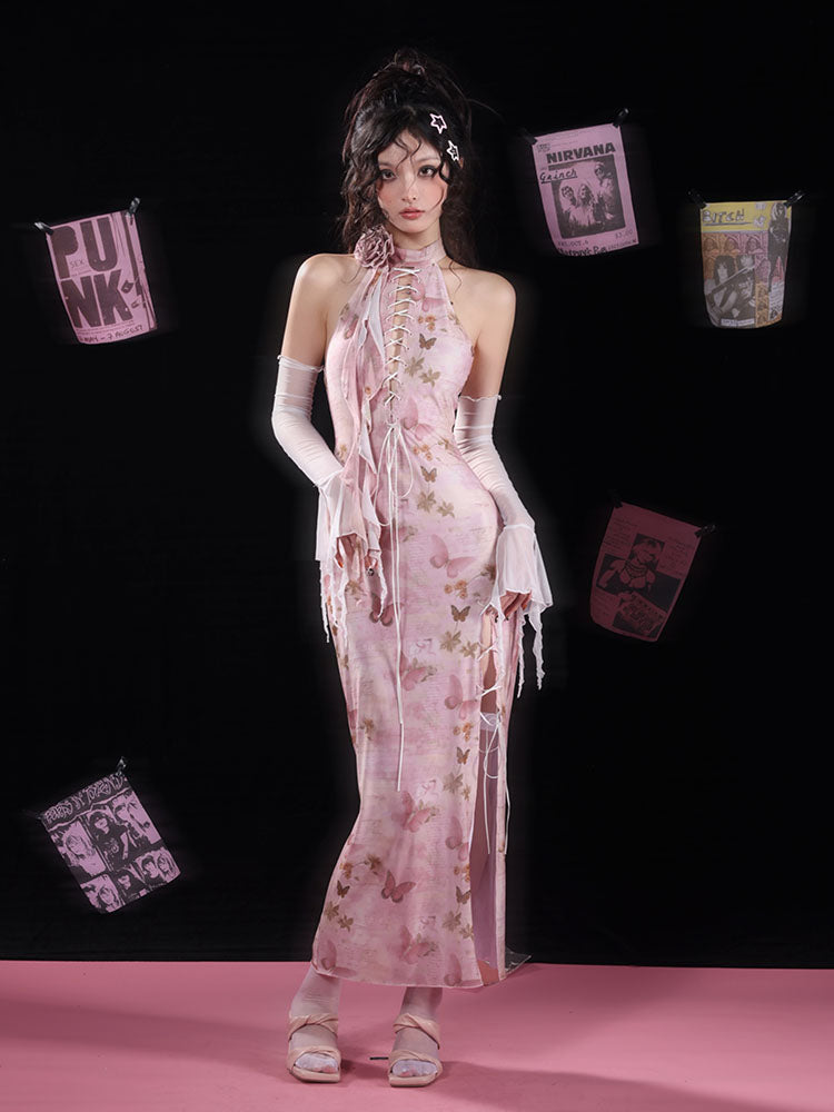 Butterfly Print Slit Tie-Strap Long Cheongsam Dress