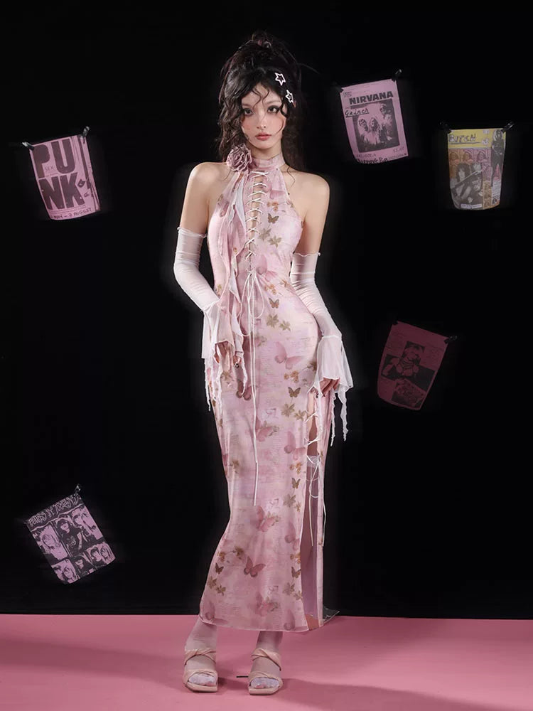 Butterfly Print Slit Tie-Strap Long Cheongsam Dress