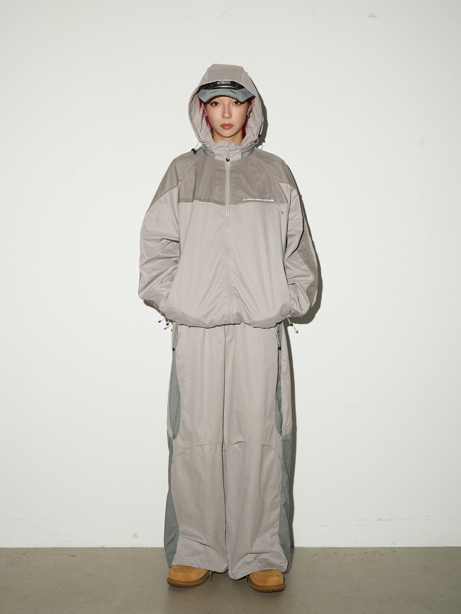 Oversize Nylon Hooded Jacket & Panel Wide Leg Pants Setup