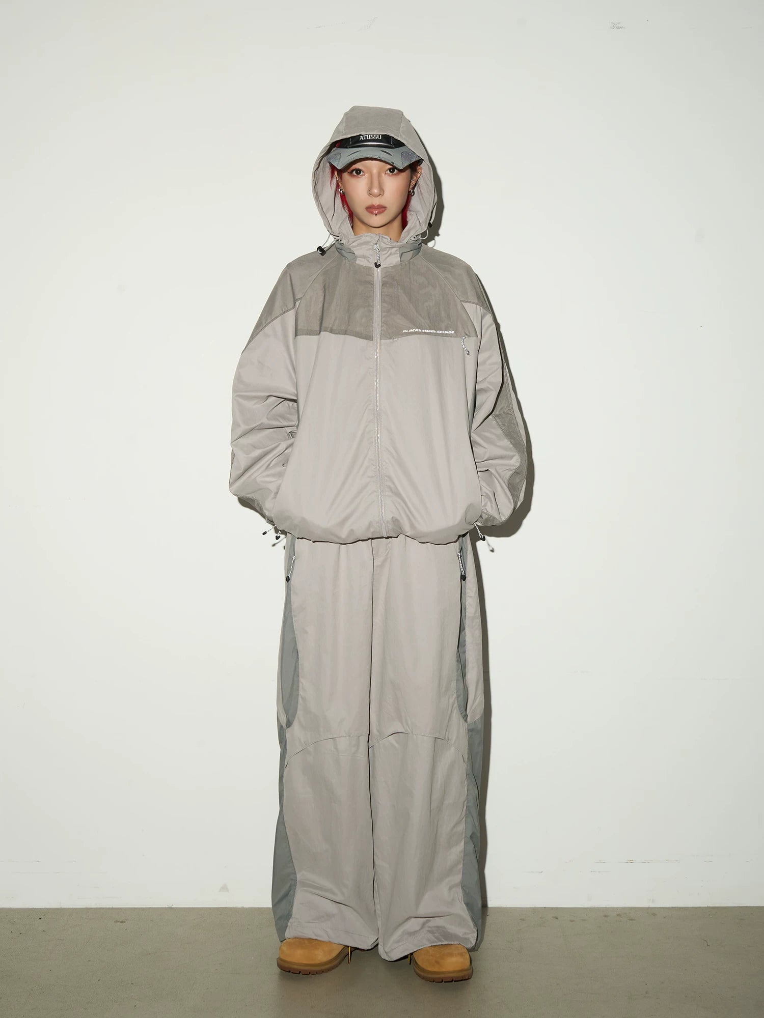 Oversize Nylon Hooded Jacket & Panel Wide Leg Pants Setup