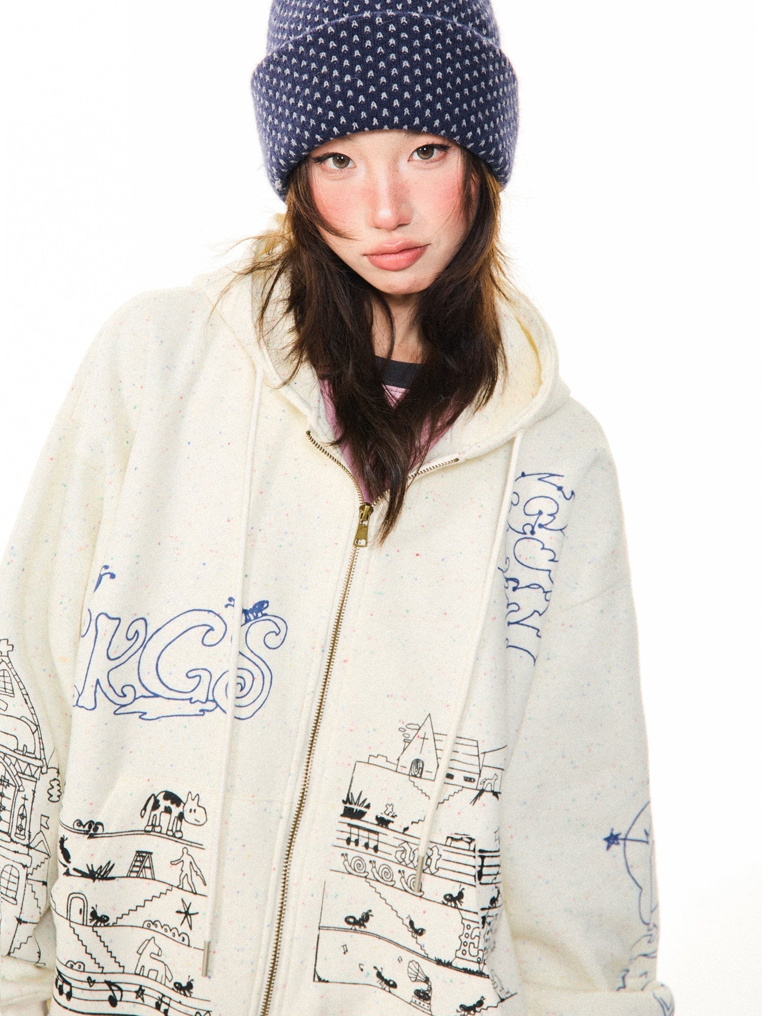 Graphic Print Oversize Zipper Hoodie