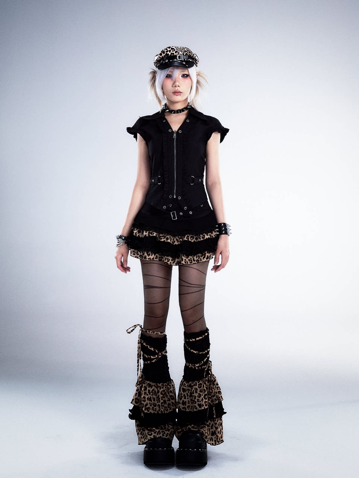 Leopard Patchwork Belted Tiered A-Line Skirt