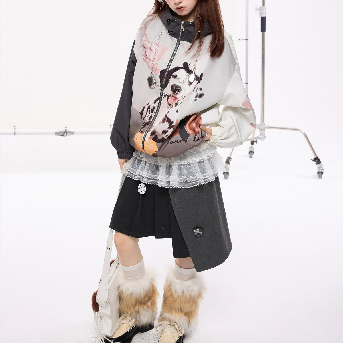 Dalmatian Print Contrast Patchwork Hooded Zipper Jacket