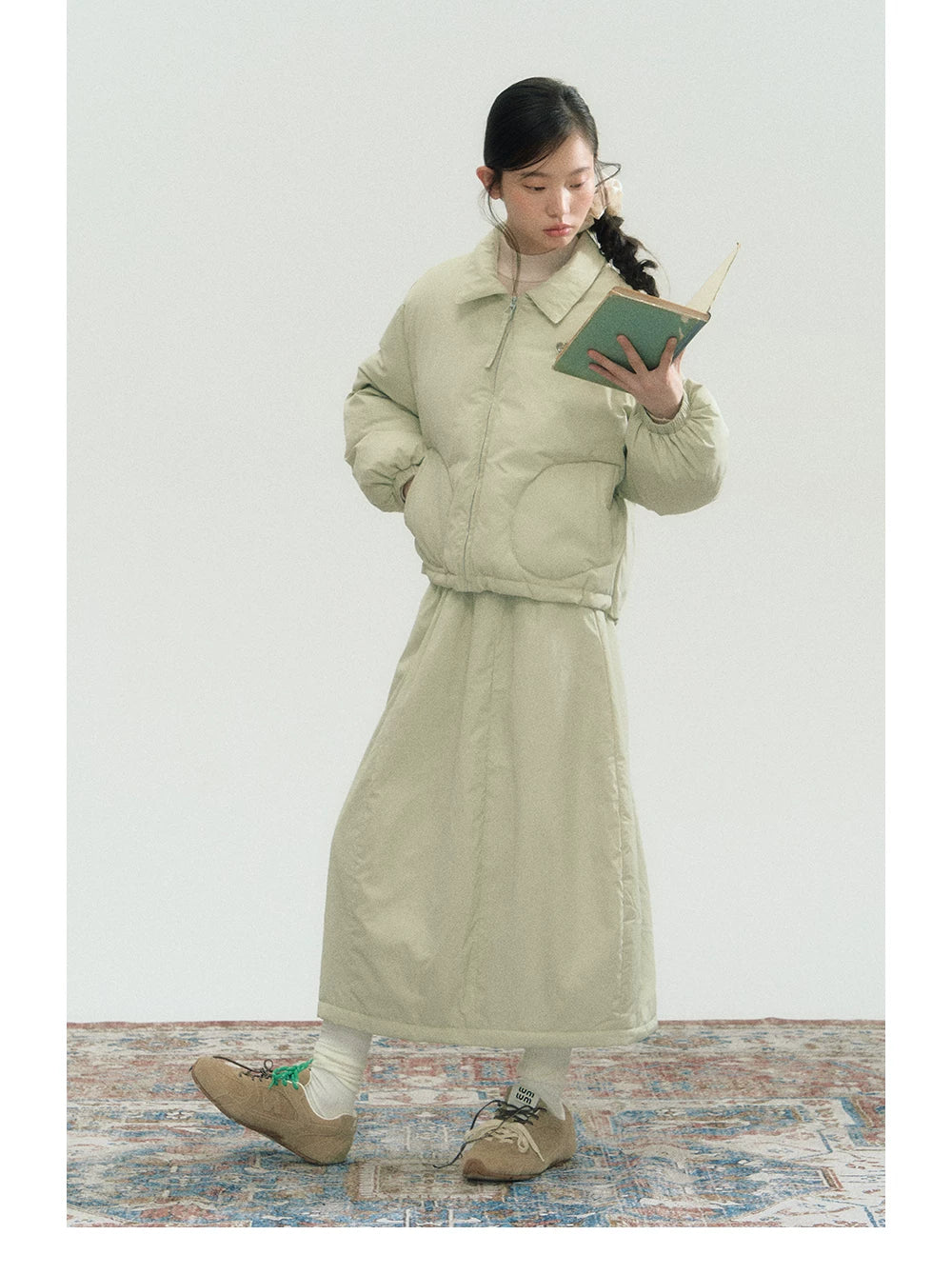 Drawstring Short Puffer Jacket & Pleated Skirt Setup