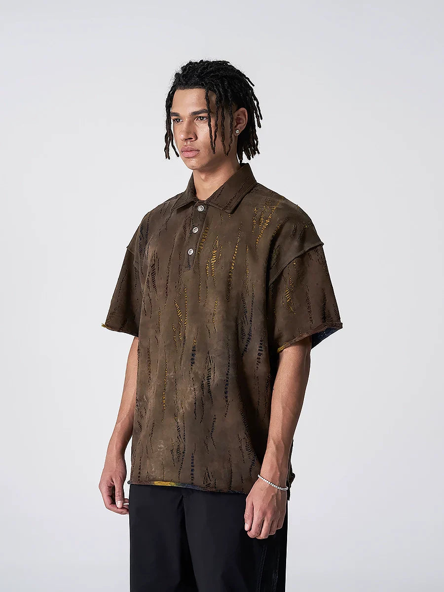 Wavy Pattern Raw Edge Print Short Sleeve Shirt