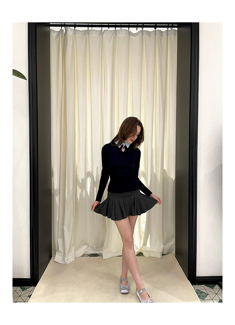 Collar Knit Sweater & Pleats Short Skirt Setup