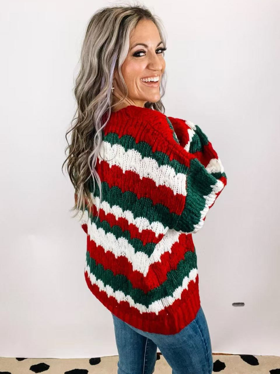 Christmas Crew Neck Striped Color-Blocked Sweater