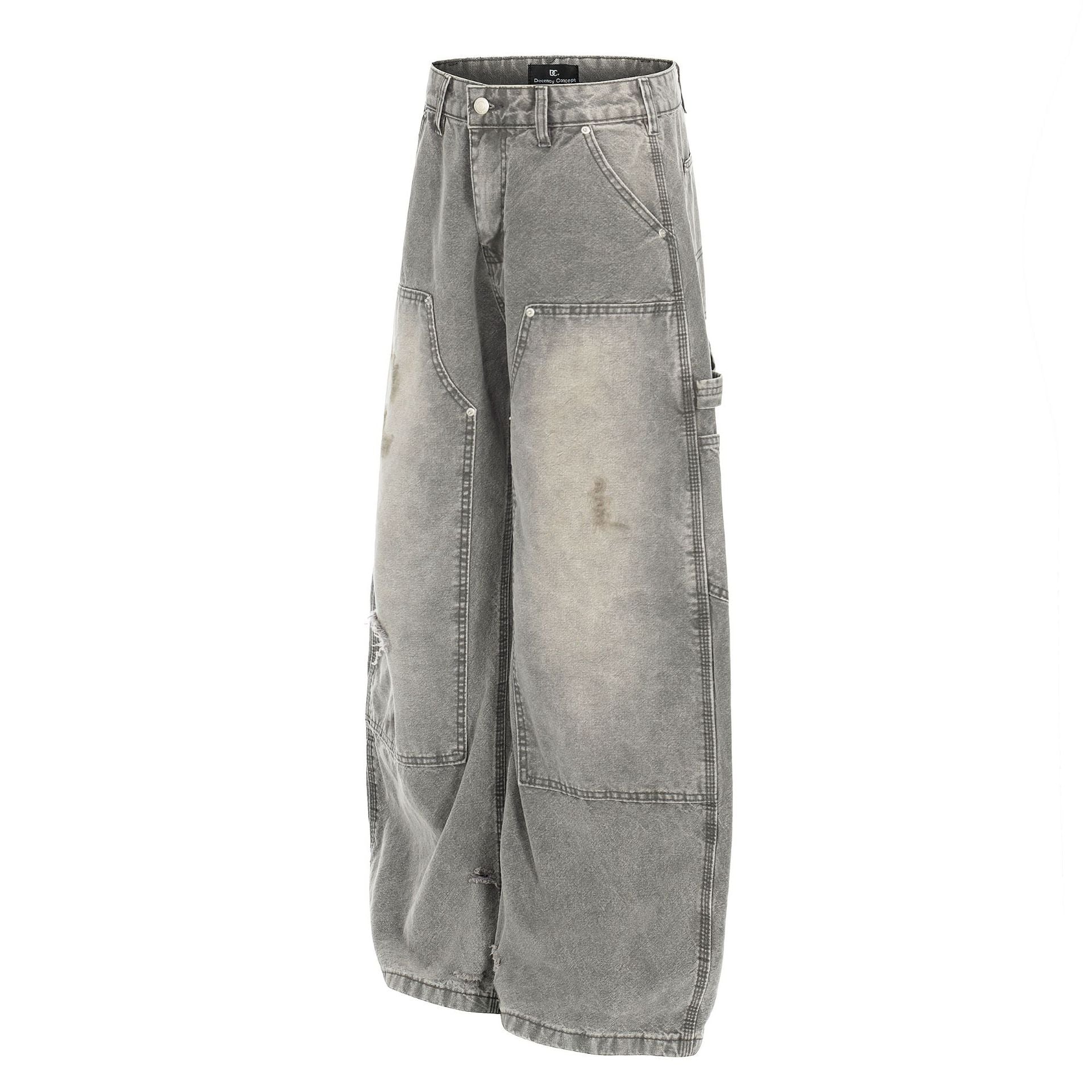 Dirty Washed Damage Panel Wide Leg Denim Jeans