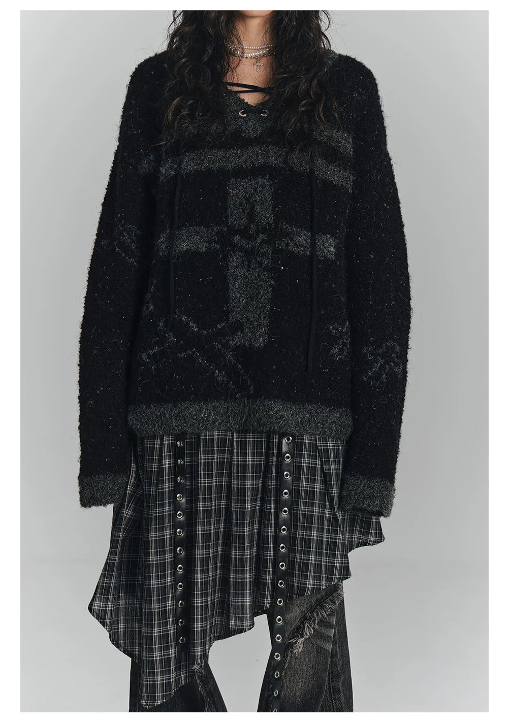 Cross Detail Drawstring Oversize V-Neck Knit Sweater