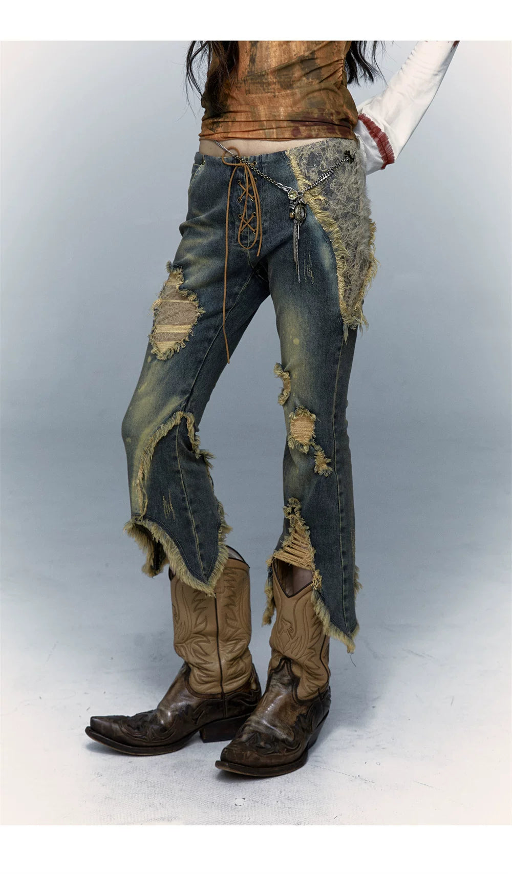 Damage Asymmetric Flare Denim Jeans