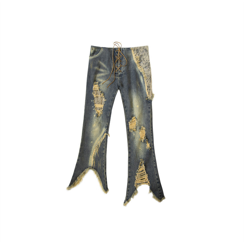 Damage Asymmetric Flare Denim Jeans