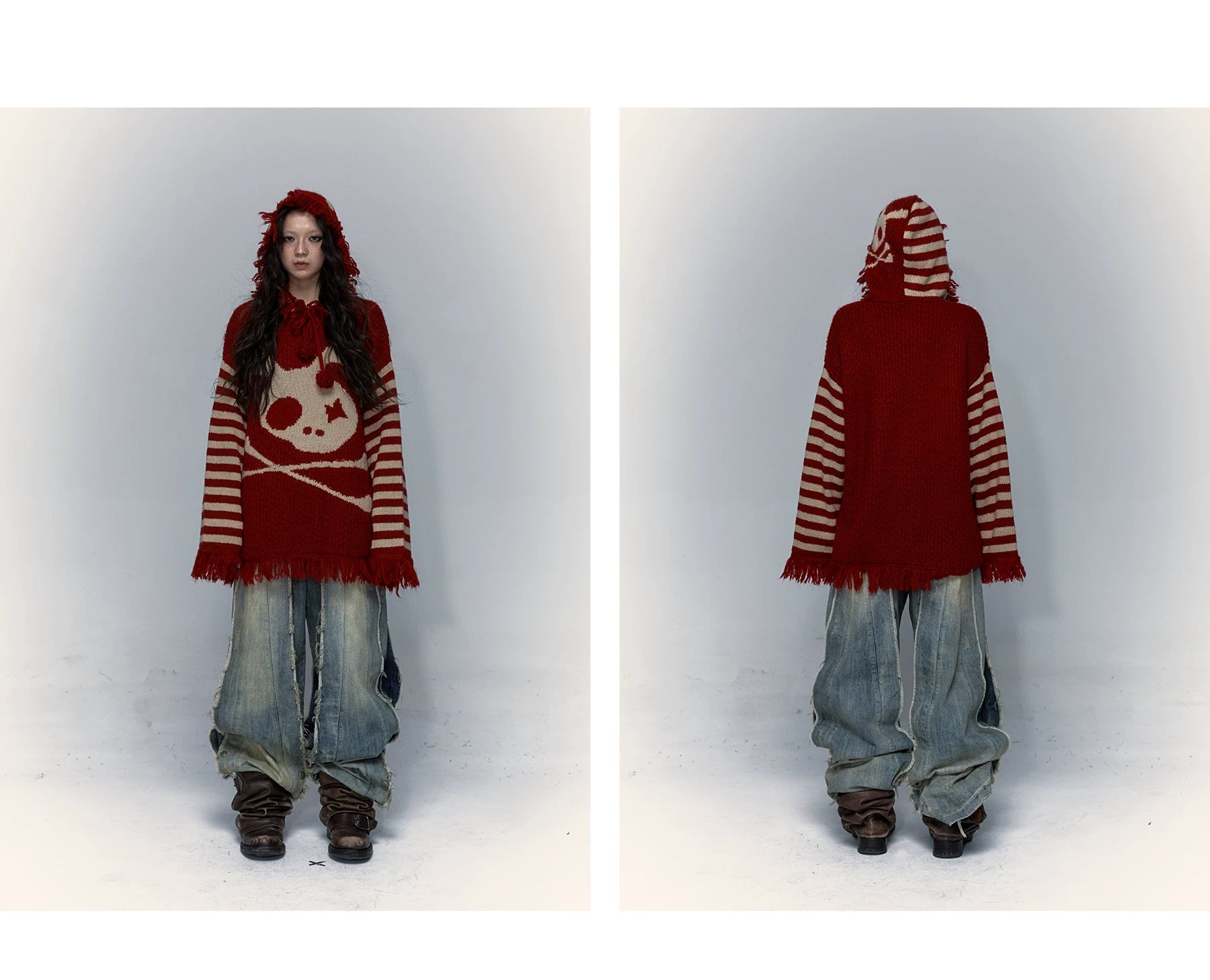 Skull Print Stripe Oversize Knit Hoodie