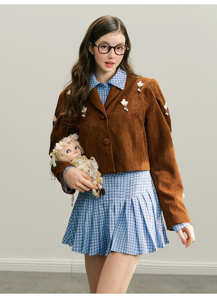 Handmade Rose Plaid Long Sleeve Shirt & Short Pleated Skirt Setup