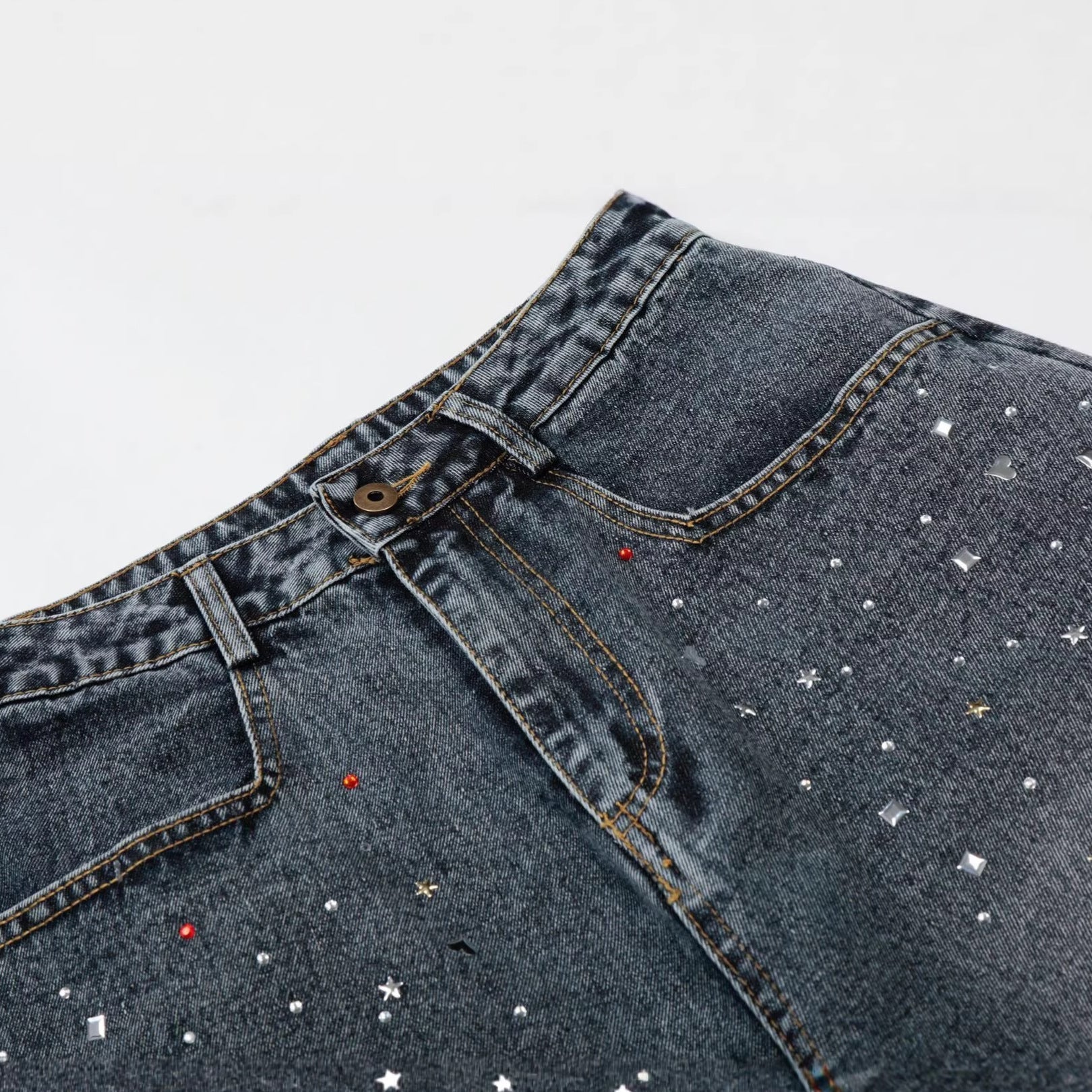 Washed Rhinestone Denim Wide Leg Jort