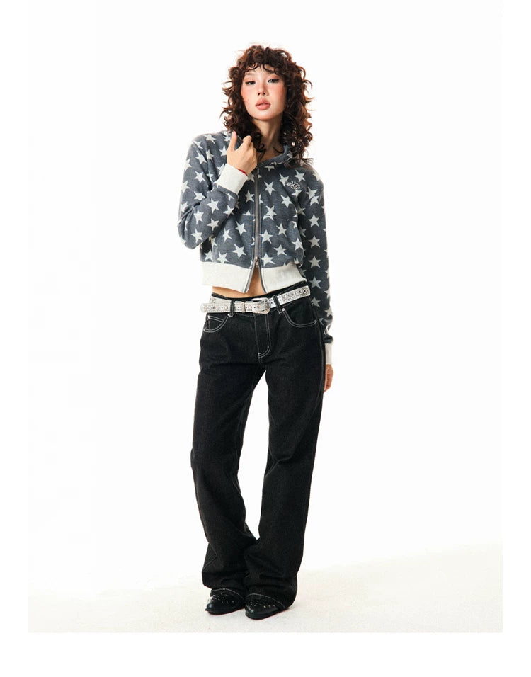 Star Print Cropped Zip-Up Hoodie