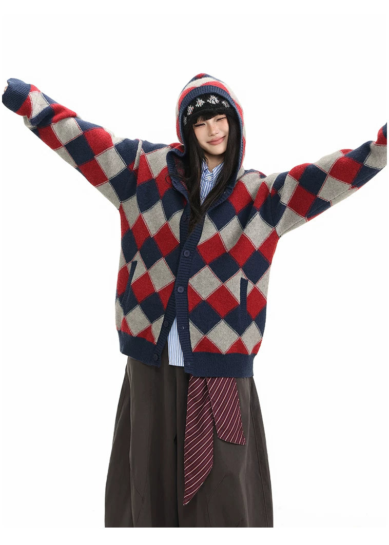Heavyweight Diamond Pattern Oversize Hooded Knit Cardigan & Knit Sweater