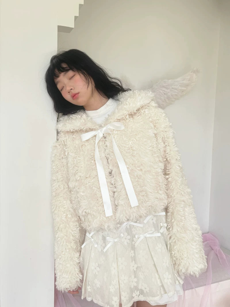 Fake Fur Bow Tie Plush Jacket