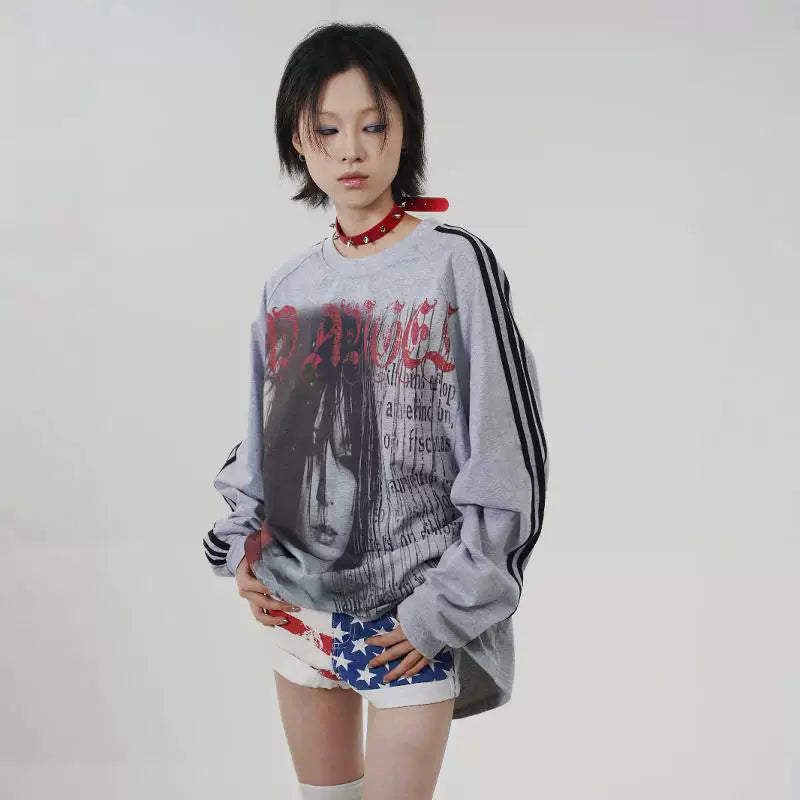 Punk Girl Graphic Gray Long Sleeve T-Shirt