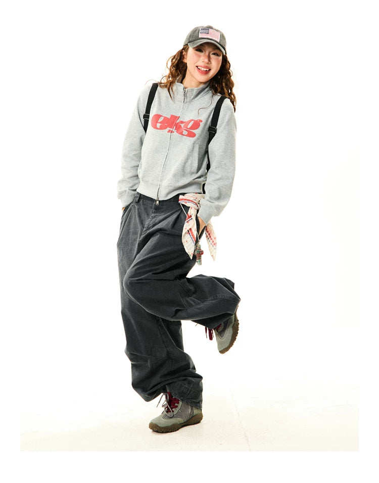 Letter Print Fitted Zipper Hoodie