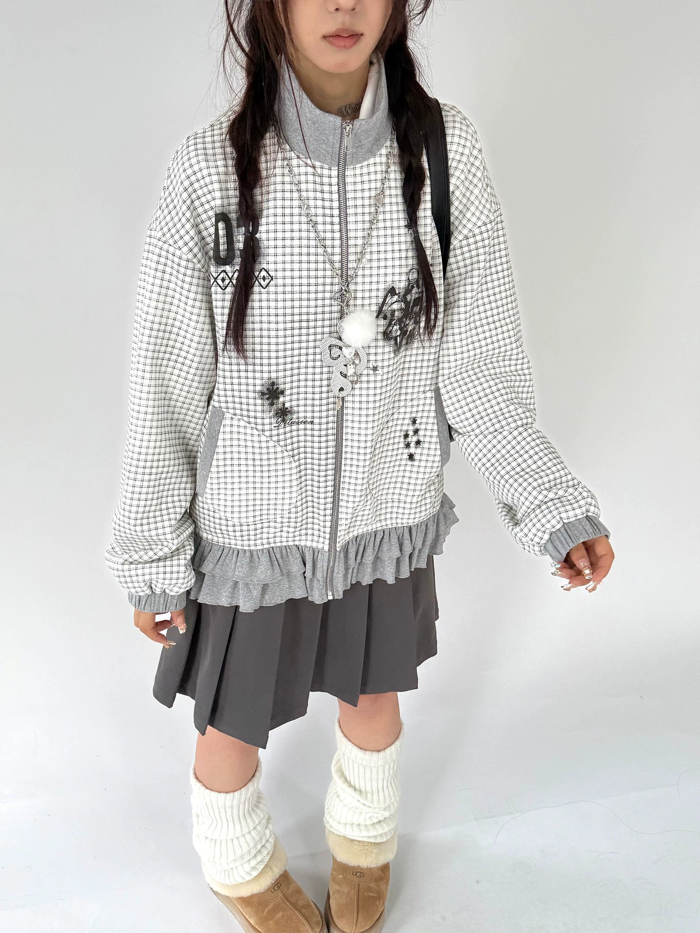 Checkered Ruffle Hem Oversize Zipper Hoodie