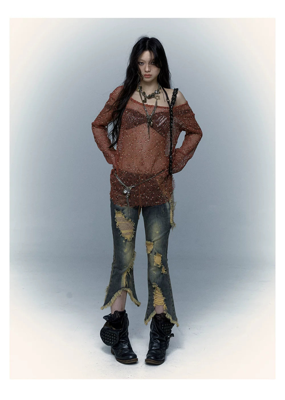 Damage Asymmetric Flare Denim Jeans