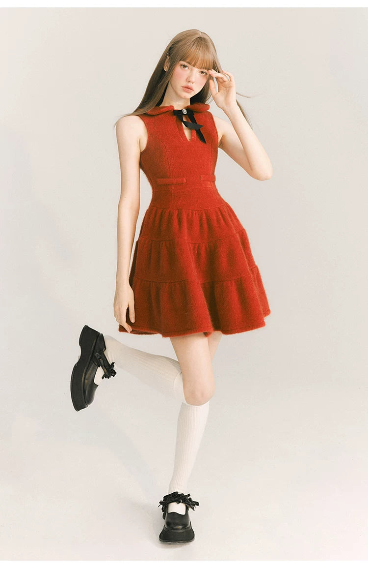 Bow Velvet Ruffle Short Length Dress